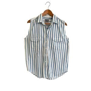 Vintage 90s Details Express Blue Striped Button Down Sleeveless Top Sz Large